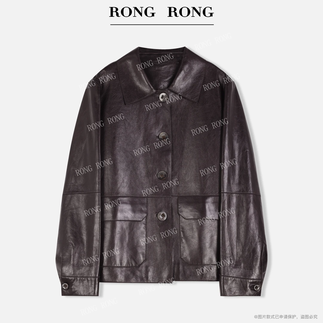 溶溶【流光暮紫】RONGRONG 100绵羊皮翻领裁剪酷飒风皮衣外套55115