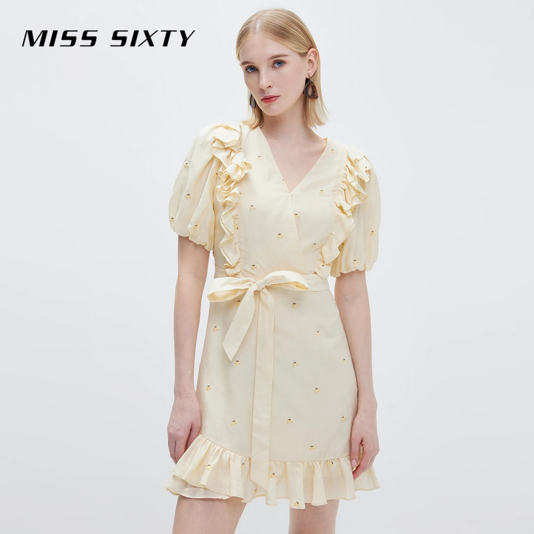 Miss Sixty春夏超显瘦高档连衣裙V领刺绣荷叶边碎花法式收腰裙子