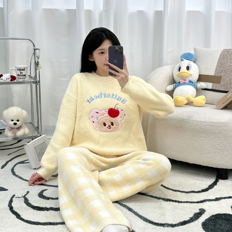 冬季加厚睡衣女款2025新款卡通学生秋冬半边绒加绒加厚家居服外穿