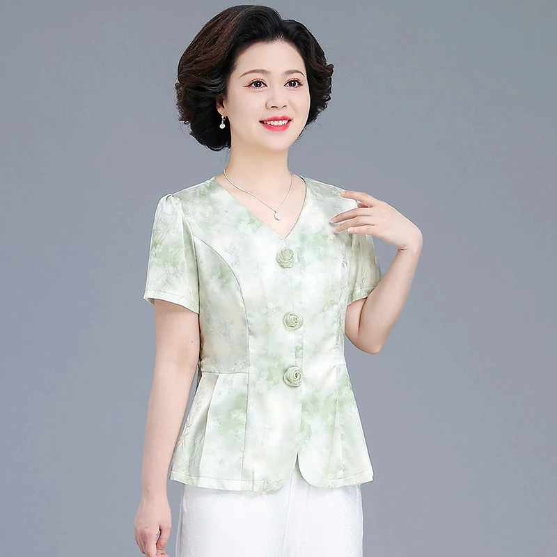 中年妈妈短袖t恤衫2025新款中老年女夏装雪纺套装洋气贵夫人上衣