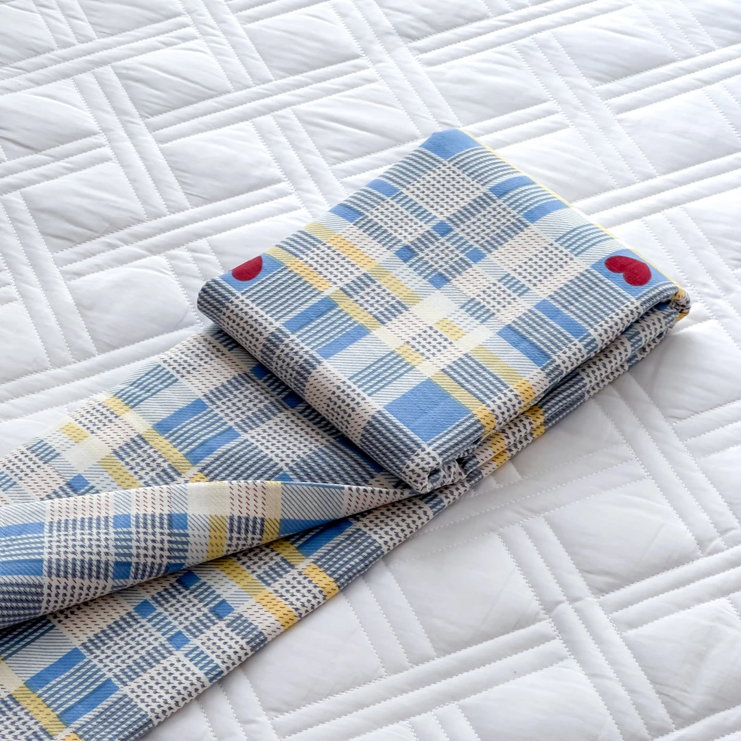 【京かわ会社】纯棉 加厚细纱粗布 双人床单 220*245cm 蓝格爱心