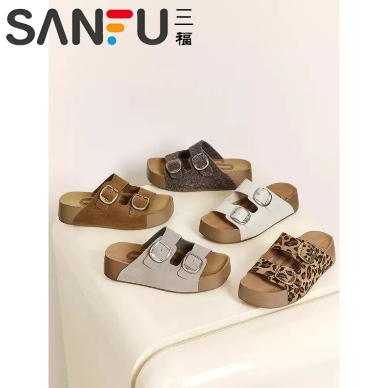 三福章若楠同款软木厚底勃肯鞋女2025夏季爆款一脚蹬懒人凉拖鞋女