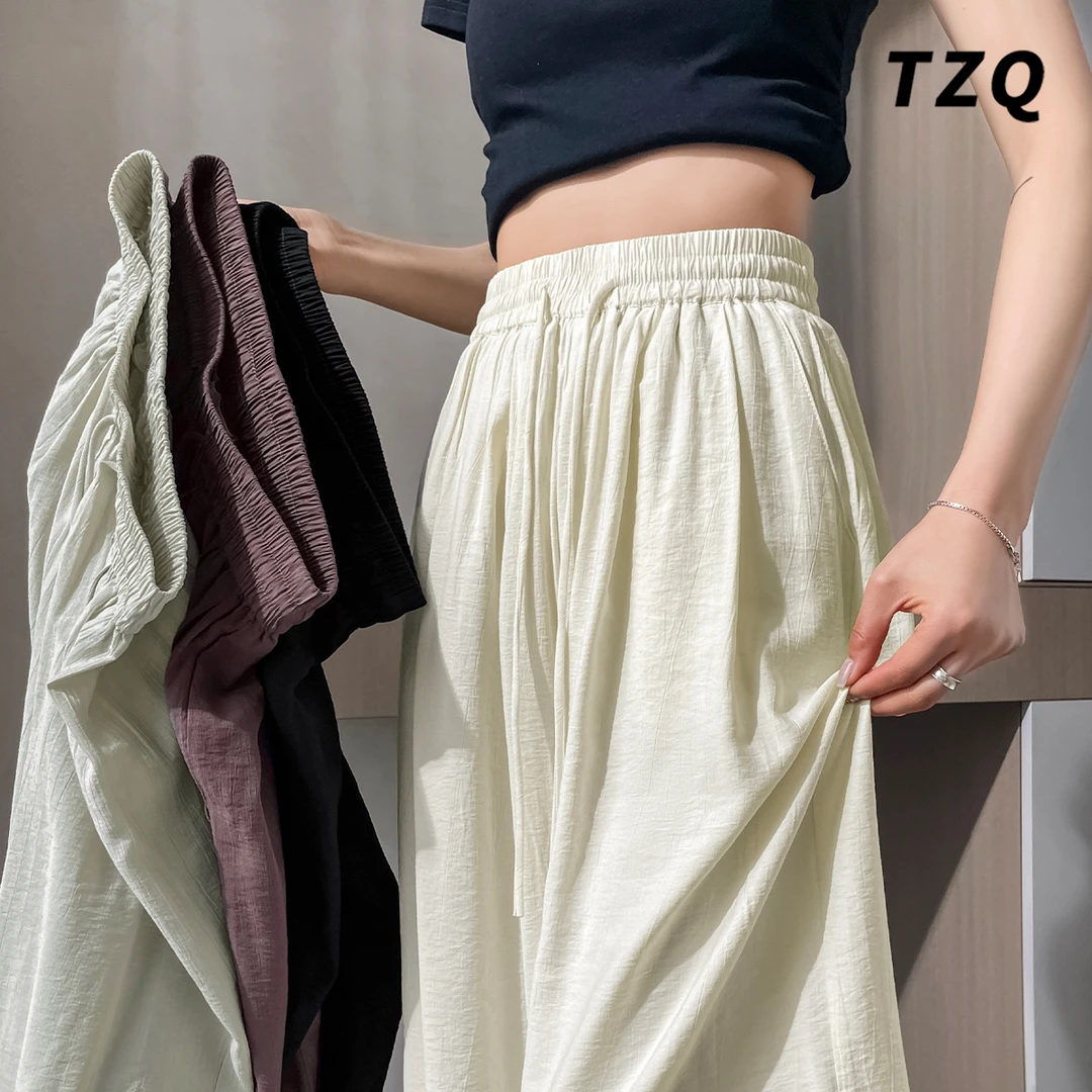 冰丝杏色阔腿裤女夏季薄款2025新款高腰宽松慵懒休闲裤TZQ2562612