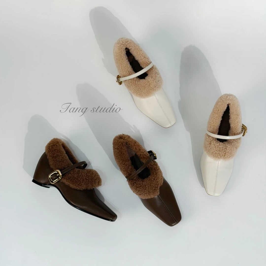 【Tang Studio】泰迪熊毛毛保暖加绒内增高小皮鞋乐福鞋5cm/T325