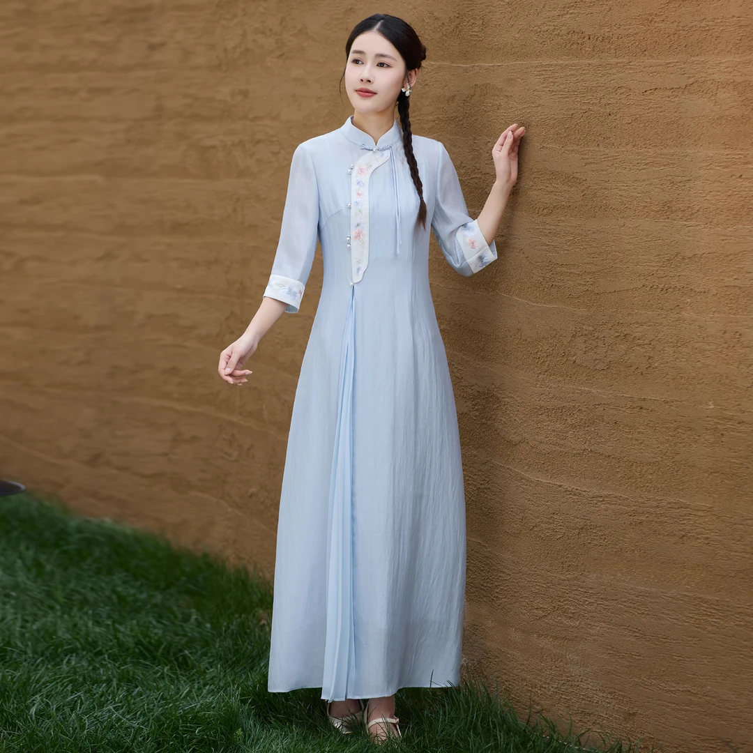 H115新中式连衣裙女夏新款改良旗袍气质国风新款刺绣禅意女装茶服