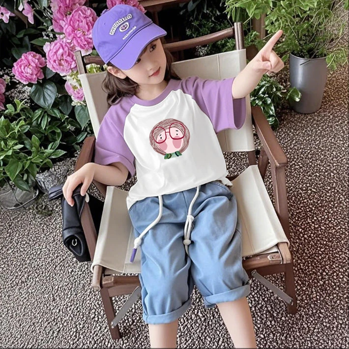 童装女童纯棉短袖T恤夏季儿童韩版小女孩中大童插肩袖拼接上衣潮