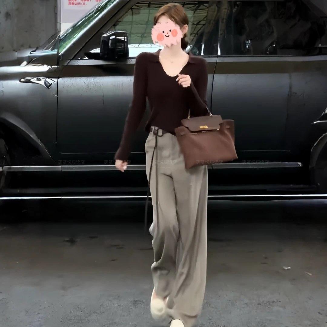 2025秋冬新款轻奢高级感竖坑条纹长袖毛织上衣垂坠感直筒长裤套装