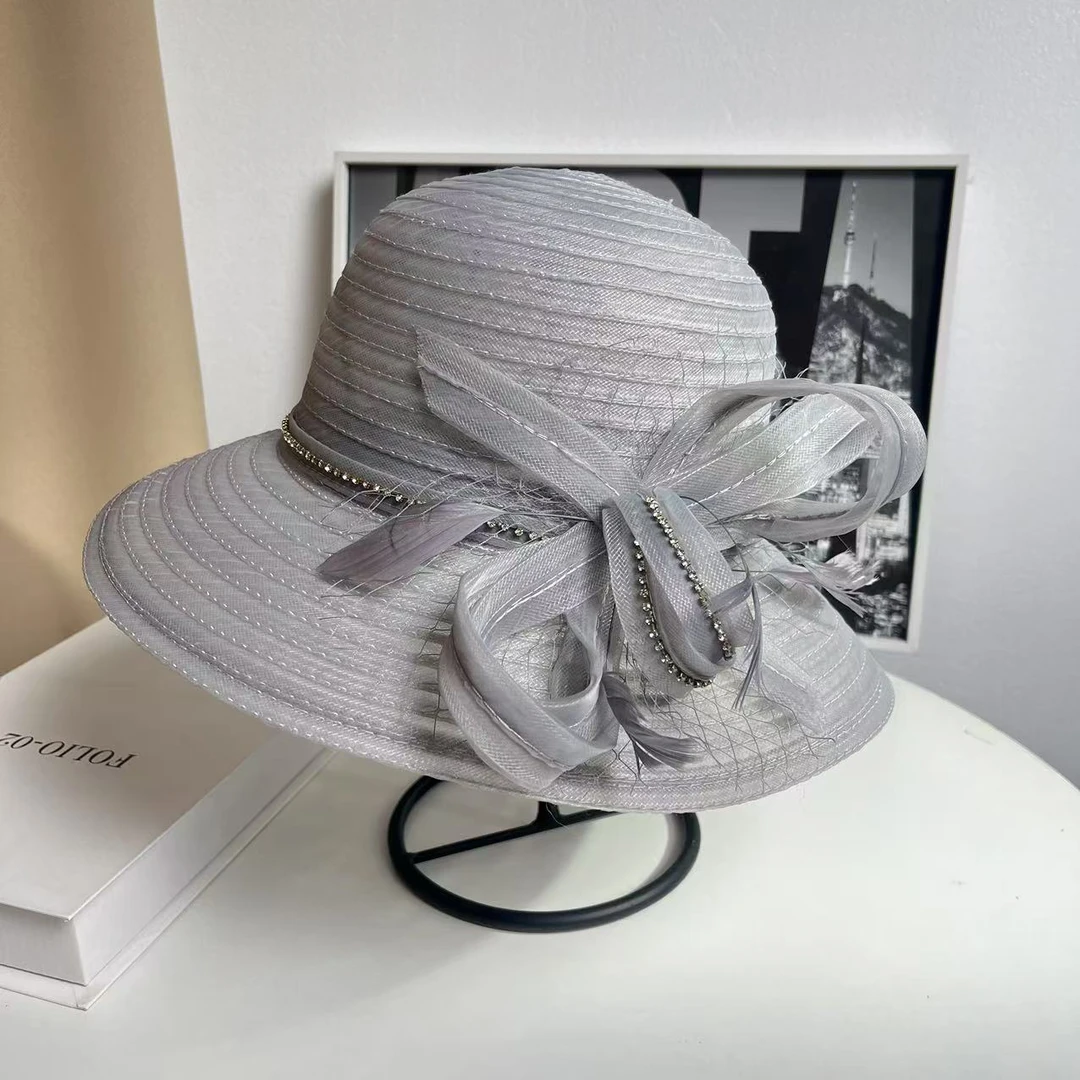 [蕾丝锁链] 夏季女时尚防晒遮阳帽宽帽檐欧根纱网纱花朵渔夫帽