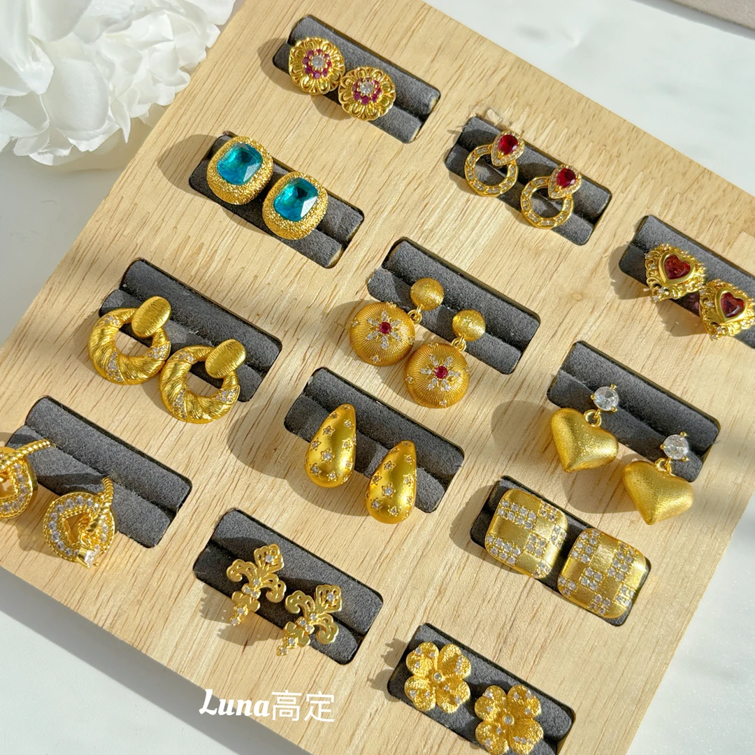 铜合金合成锆石耳饰 Luna定制0681古法新款时尚百搭精致耳钉多选