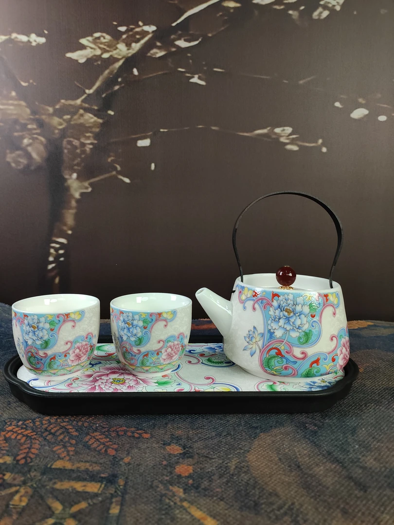 2个掐丝银珐琅彩主人杯+同款提梁壶-ZH2173