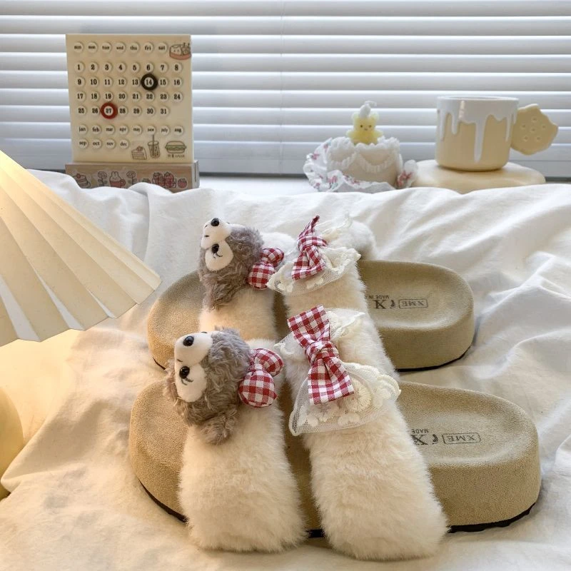 高颜值毛毛拖鞋女秋冬外穿2025新款小众厚底增高卡通ins毛绒棉拖