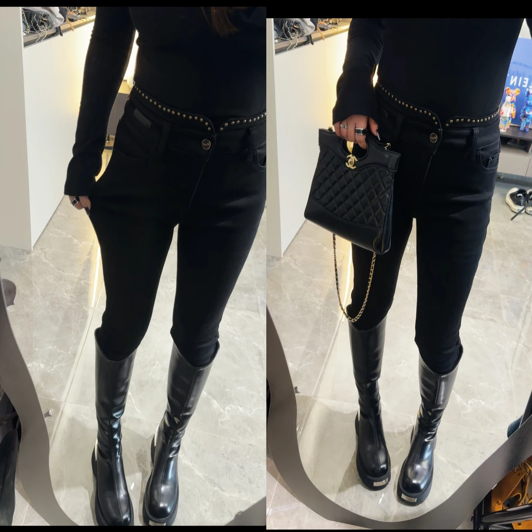 2025冬季厚绒高弹铆钉高腰长裤镶钻冬季牛仔裤铅笔裤外穿百搭韩版