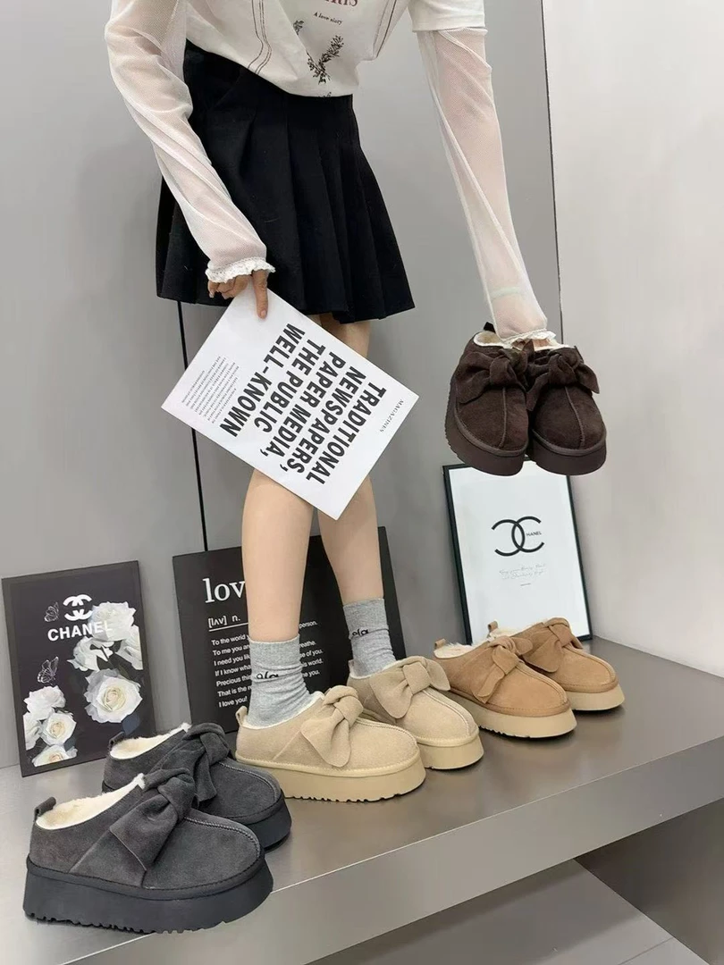 韩系百搭明星同款蝴蝶结厚底棉拖2025冬季翻毛皮休闲松糕加绒潮爵