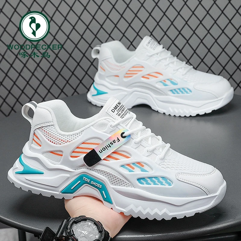 【正品】啄木鸟男鞋夏季透气百搭网面运动跑步增高黑色老爹ins潮鞋