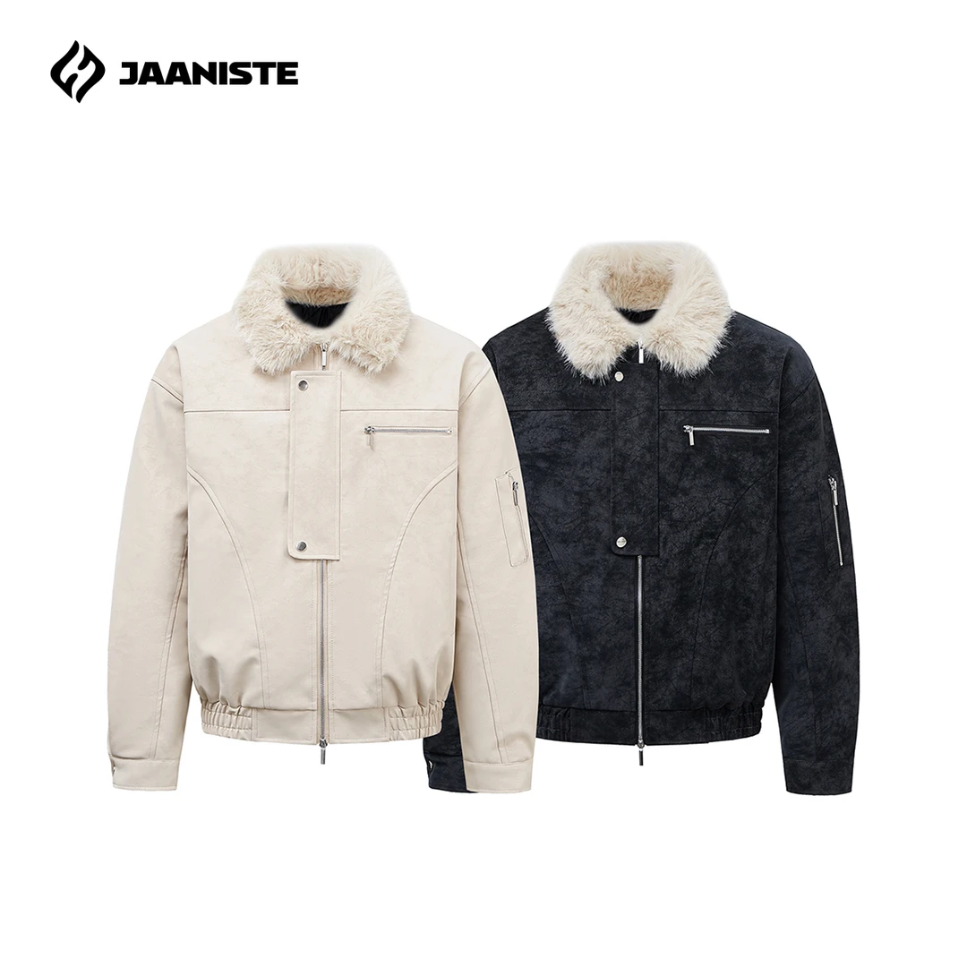 Jaaniste加棉加厚夹克男女款冬季美式复古翻领pu皮外套情侣款棉服