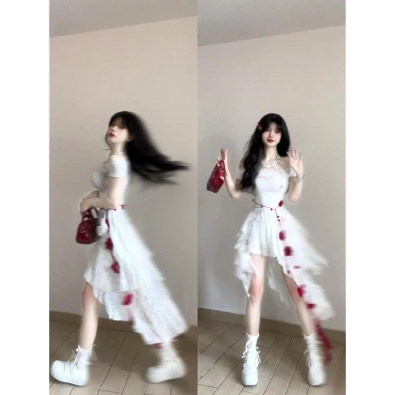 纯欲风韩系女两件套印花印花一字肩T恤不规则设计荷叶蕾丝蛋糕裙