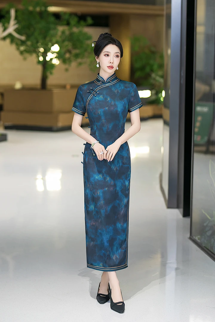 白幼秀夏季年轻复古气质中长款旗袍新中式重磅日常设计师斜襟5592