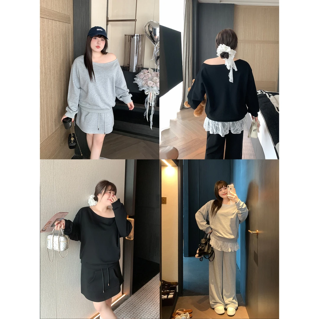 肉肉小姐大码女装早春新品蕾丝吊带休闲卫衣直筒阔腿裤短裙套装