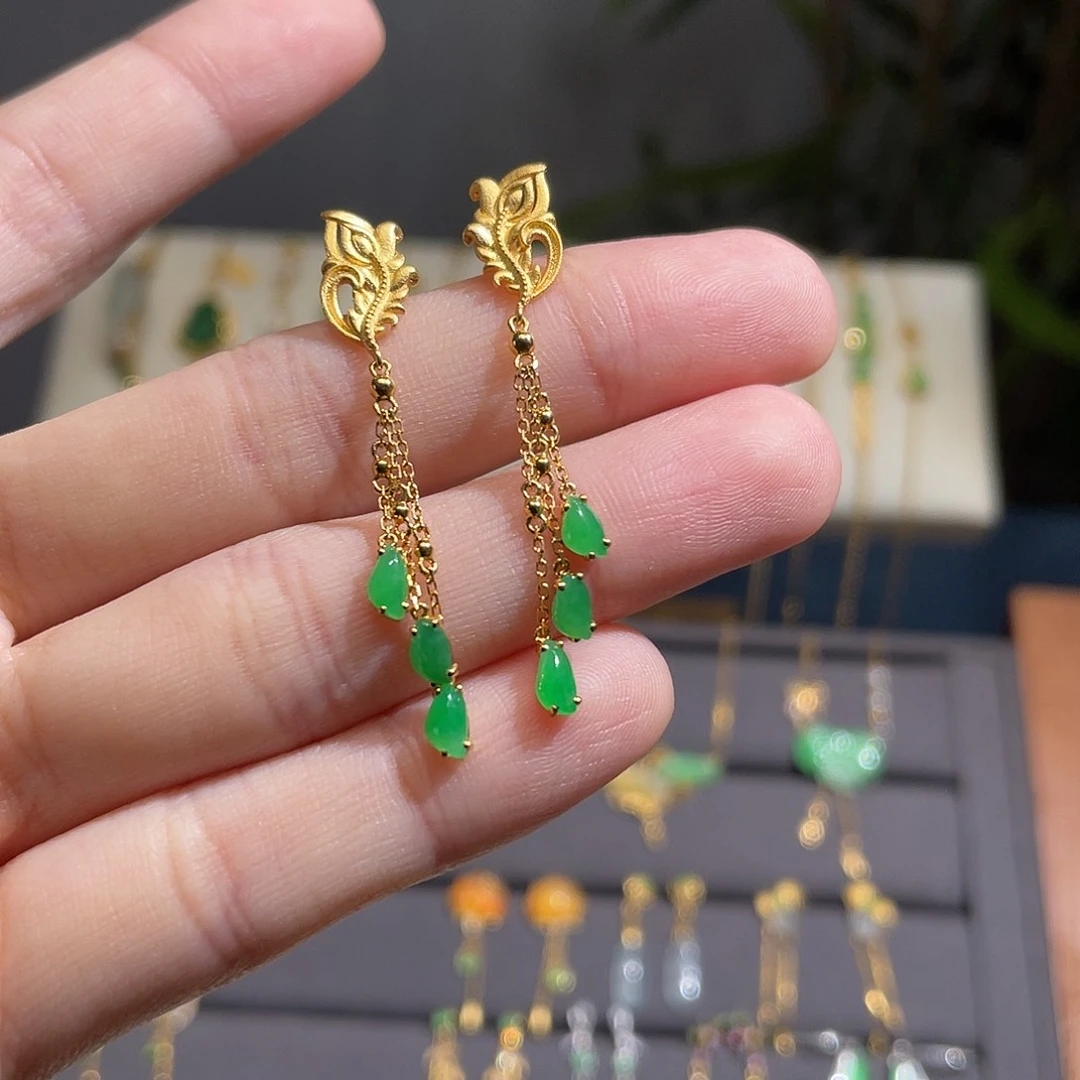 翡翠耳饰18K金镶嵌凤尾流苏绿随形