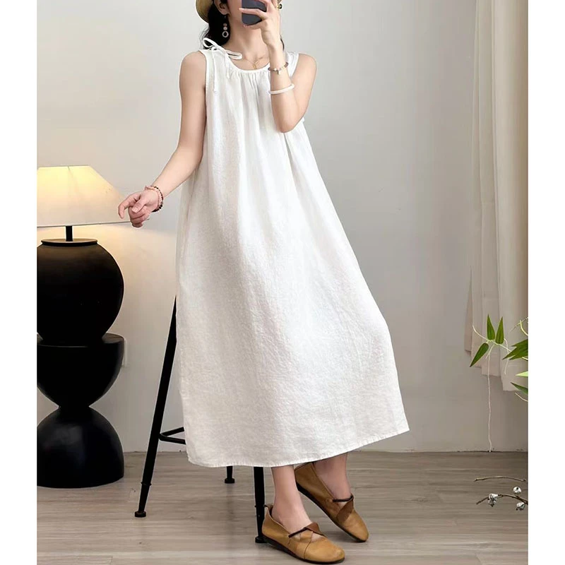 （肩部系带麻裙）A11723夏季新款文艺复古慵懒宽松无袖连衣裙Z