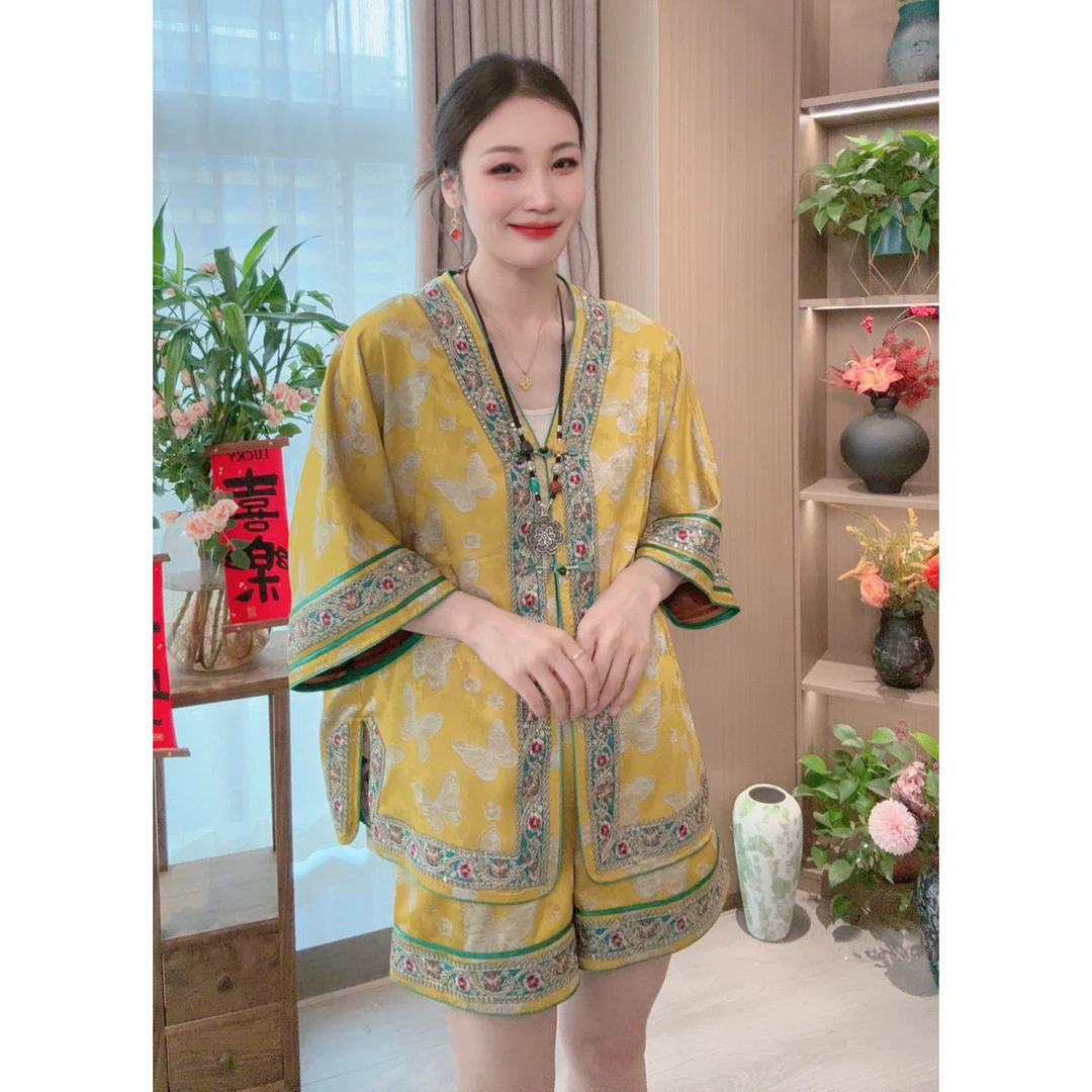【夏茉蝶舞】2025新款夏季新中式气质上衣+短裤绣花薄款国风套装女