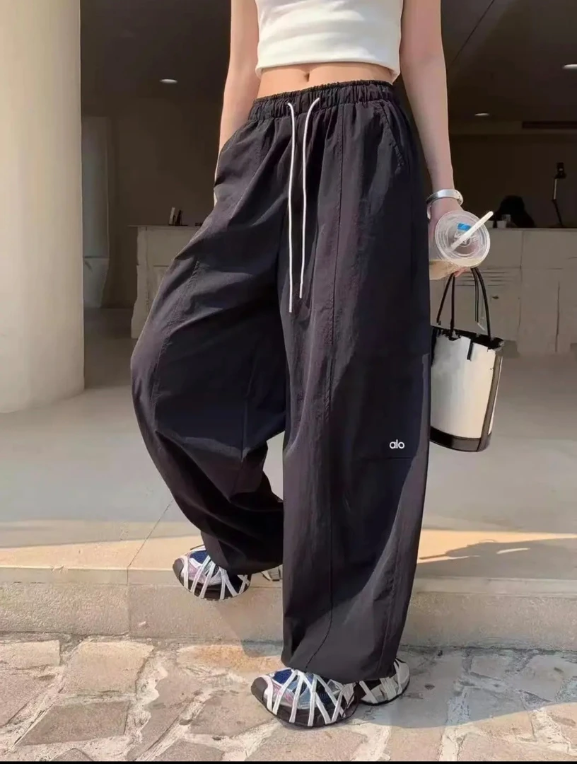 【玲姐专属】薄款速干松紧夏季刺绣高腰休闲裤长裤黑色阔腿裤