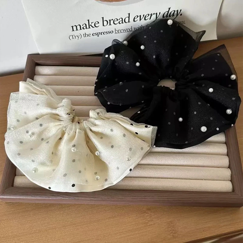 双面泡泡纱波点珍珠发圈分段式波点珠珠发圈氛围感皮筋甜美WTT