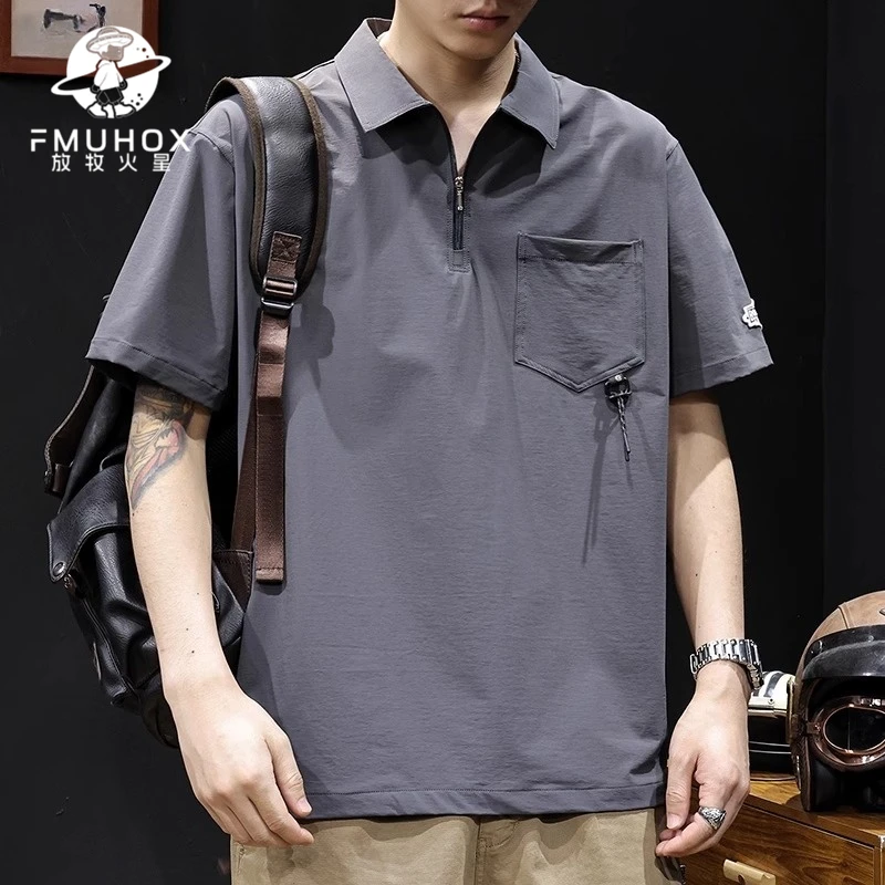@放牧火星 Polo半拉链男短袖t恤潮牌大码夏季25新款高端体恤口袋