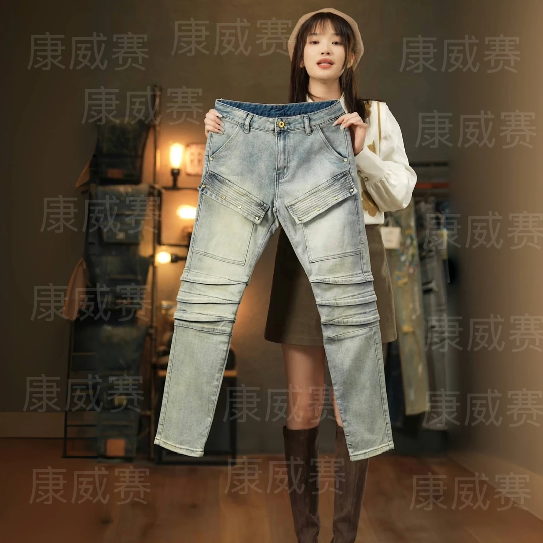 原创高端机车拼接复古男士牛仔裤怀旧美式修身小直筒弹力潮牌个性