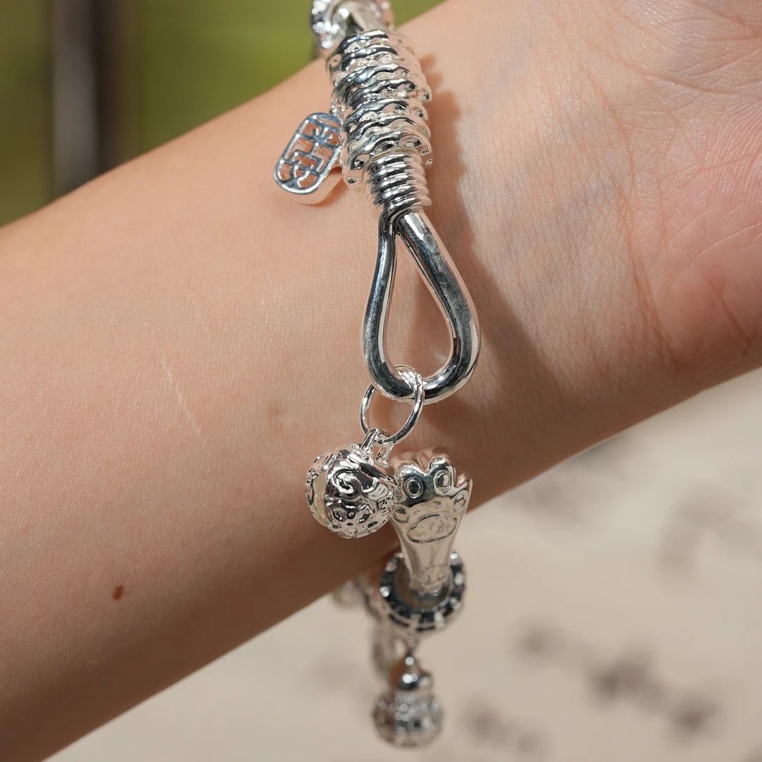 足银手镯 足银吉言猫爪盘缠手镯999纯银简约百搭送女友礼物