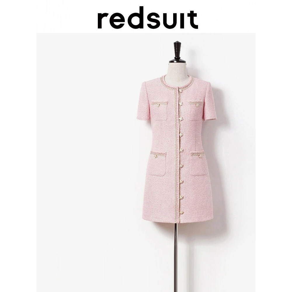 redsuit 甜美小香风气质优雅粉色粗花呢单排扣重工花边夏季连衣裙