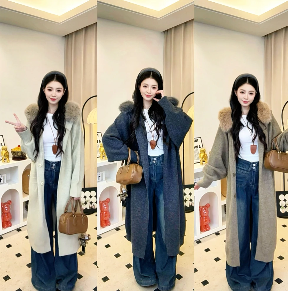 【加厚版大毛领长款】2025连帽外套女宽松慵懒气质中长款针织开衫77