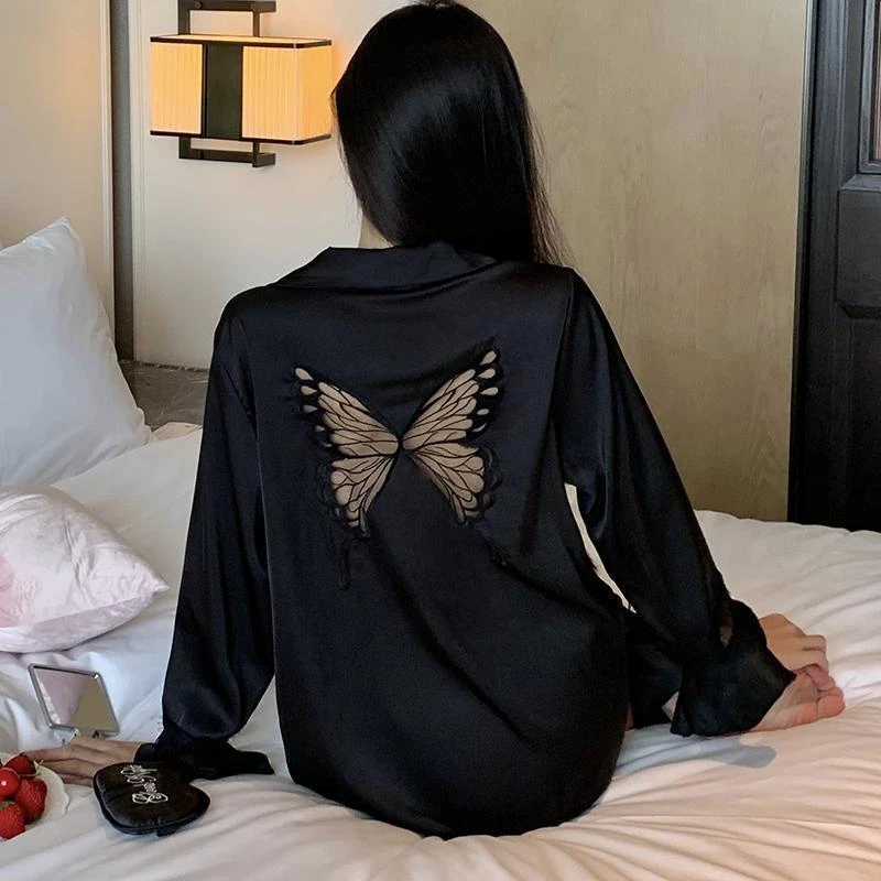 【小凤蝶】蝴蝶美背长袖睡衣贡缎软丝仙女风春秋薄款蕾丝家居服套装