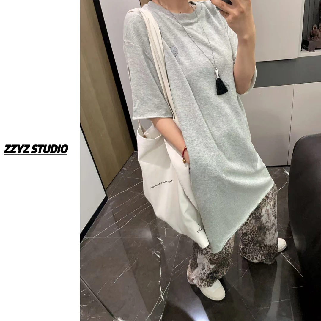 【ZZYZ】“夏日周游”灰色休闲卷边遮肚子显瘦显高T恤卫衣裙