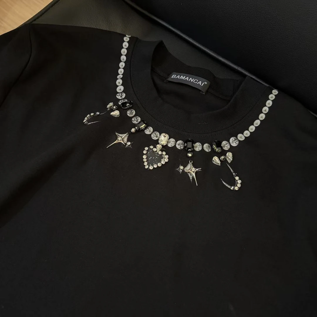 Banmancai-设计感小众重工镶钻黑色纯棉短袖百搭时尚T恤女上衣