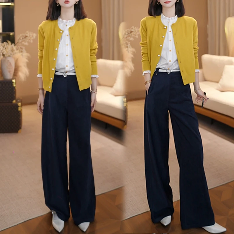 2025秋季新款时尚通勤套装女拼色针织长袖上衣+高腰休闲裤两件套