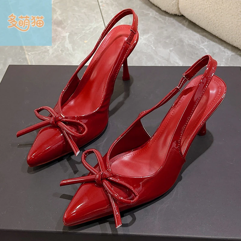 2025新款气质法式红色细跟高跟鞋女不累脚御姐性感尖头浅口凉鞋子
