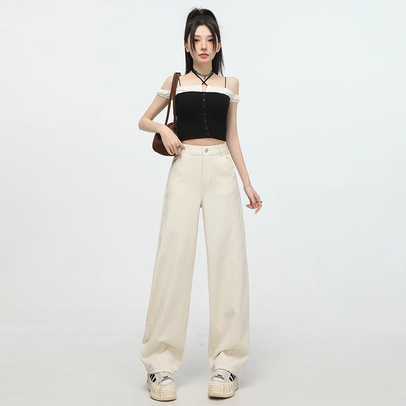 杏色高腰弯刀牛仔裤女2025春季新款宽松显瘦慵懒风百搭阔腿镰刀裤