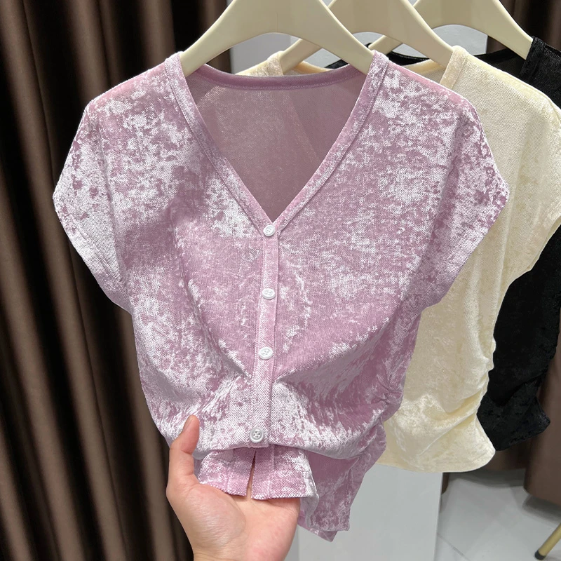 粉色v领丝绒开衫百搭外套女夏季时尚薄款网纱插肩袖冰丝披肩薄款