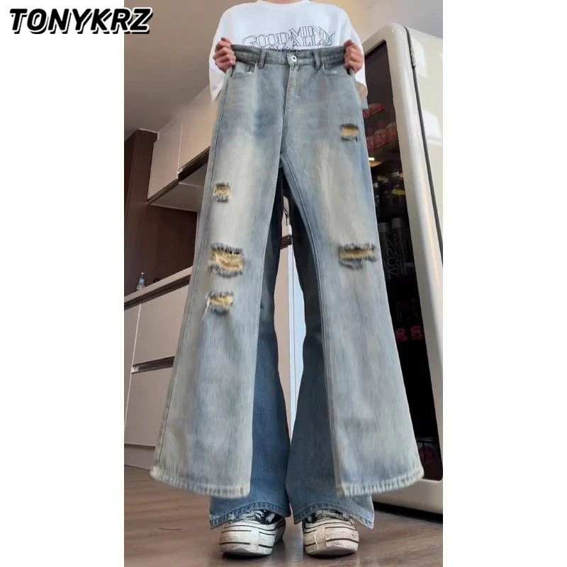 TONYKRZ高腰高档破洞牛仔裤直筒潮男高级感裤子夏款窄版微喇长裤