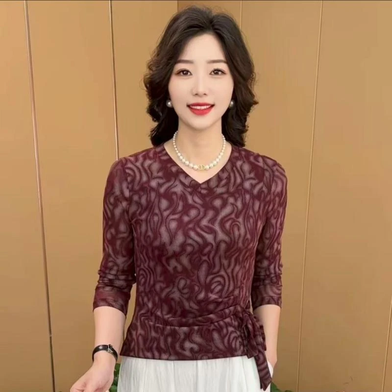 早秋新款时尚V领系带收腰设计感洋气妈妈装显瘦百搭长袖上衣K9810