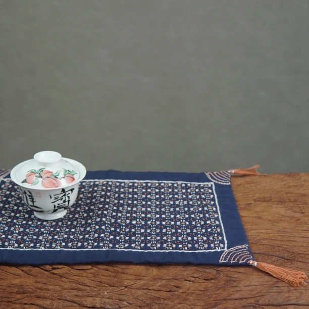 原创手工刺子绣茶席茶具茶垫陶瓷