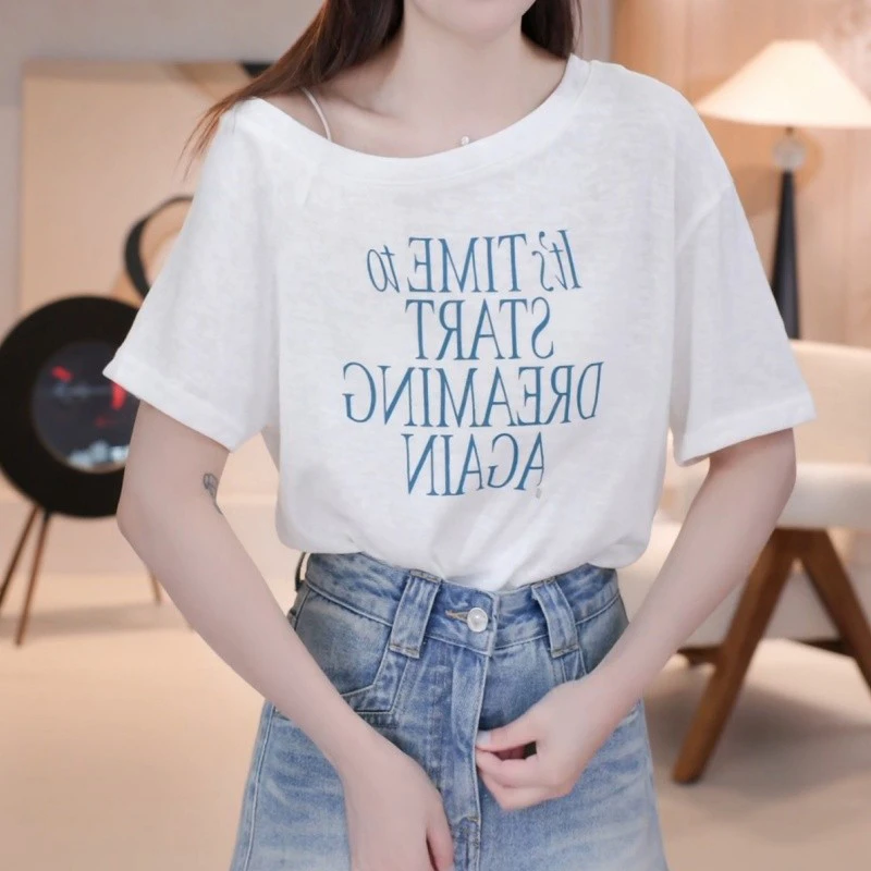2025新款韩系时髦显瘦慵懒风宽松斜肩字母印花短袖T恤顺15080-