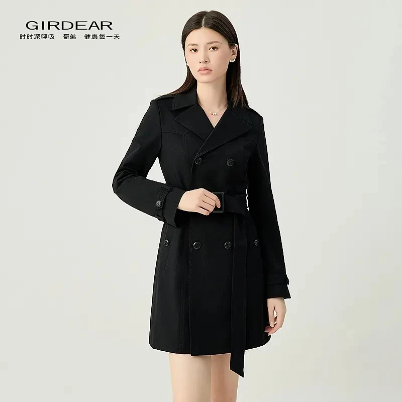 哥弟新款时尚经典通勤翻领腰带双排扣中长女士西装领双排扣中长款