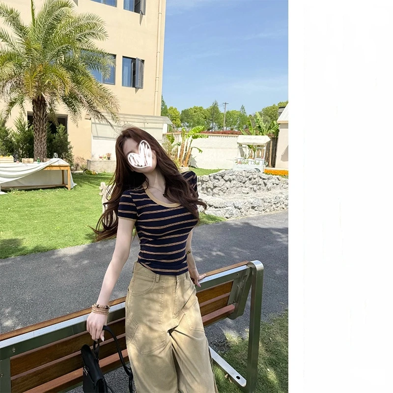 【纽约时报】 韩系撞色条纹正肩T恤女夏新款设计感修身显瘦百搭上衣