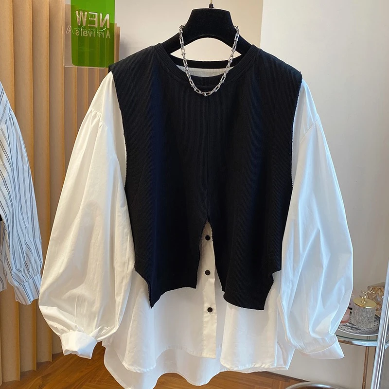 春装2025年新款韩版宽松休闲漂亮高级感马甲拼接假两件衬衫上衣女