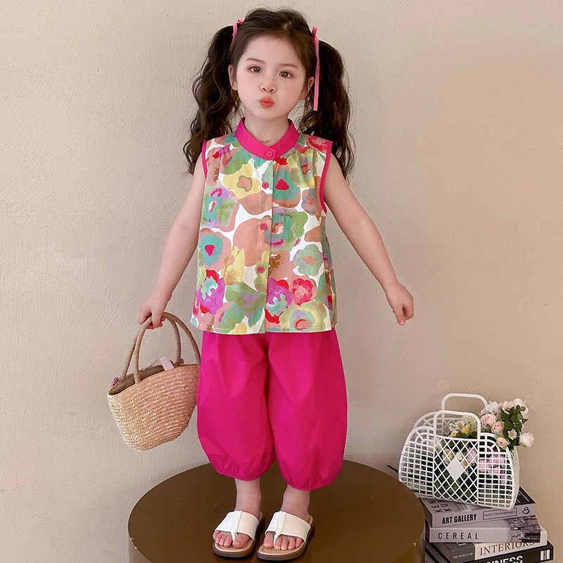 女童背心套装夏季2025新款印花花朵洋气小女孩夏装两件套儿童衣服