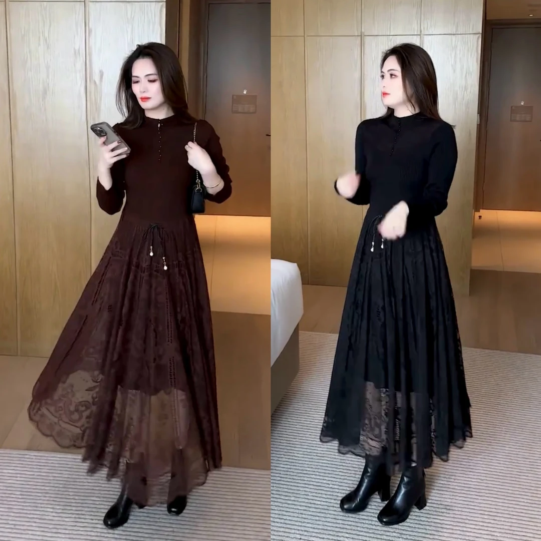 2025欧式长裙显瘦纯色柔软秋冬连衣裙名媛秋季女装长款