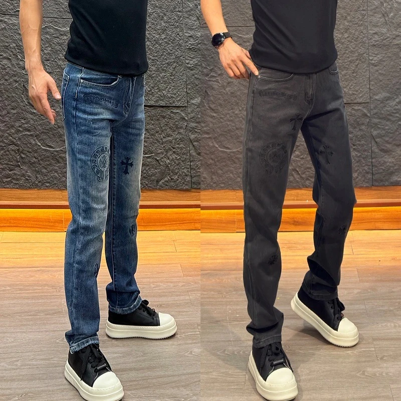 2025百搭重工刺绣美式宽松男裤秋冬新款男士3040岁男士加绒牛仔裤