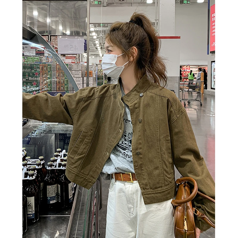 复古洋气工装牛仔短外套女韩版2025秋季新款宽松立领减龄夹克上衣